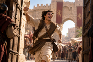 Edit Edit make it with a younger man and a face of excitement and joy Edit make him running into the gates Edit make a comma separated list of keywords for this in both, spanish and english gospel, evangelion, good news, biblical gospel, gospel of the Kingdom, Kingdom of God, victorious king, news of victory, messenger of victory, ancient messenger, biblical messenger, herald of the king, royal proclamation, Kingdom proclamation, ancient city, ancient city gates, biblical city, biblical history, biblical culture, first century world, early Christianity, biblical evangelism, evangelist, Christian evangelism, proclamation of the gospel, preaching the Kingdom, Kingdom message, victory of the king, Christ the King, Jesus Christ, biblical imagery, Christian discipleship, Bible study, theology of the gospel, historical gospel context, ancient world, biblical teaching, Christian education, Casa DC, Casa DC church, bilingual church DC, bilingual church Maryland, church in Fort Washington, DMV church, evangelio, evangelion, buenas nuevas, buenas noticias, evangelio bíblico, evangelio del Reino, Reino de Dios, rey victorioso, noticias de victoria, mensaje de victoria, mensajero de victoria, mensajero antiguo, heraldo del rey, proclamación real, proclamación del Reino, ciudad antigua, puertas de la ciudad, ciudad bíblica, historia bíblica, cultura bíblica, mundo del primer siglo, cristianismo primitivo, evangelismo bíblico, evangelista, evangelismo cristiano, proclamación del evangelio, predicación del Reino, mensaje del Reino, victoria del rey, Cristo Rey, Jesucristo, imágenes bíblicas, discipulado cristiano, estudio bíblico, teología del evangelio, contexto histórico del evangelio, mundo antiguo, enseñanza bíblica, educación cristiana, Casa DC iglesia, iglesia bilingüe DC, iglesia bilingüe Maryland, iglesia en Fort Washington, iglesia DMV