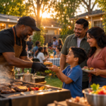 African American man serving a hamburger to a Hispanic child and family at a neighborhood backyard gathering, representing community, service, and Kingdom honor in Casa DC’s Honor and Reward discipleship program.