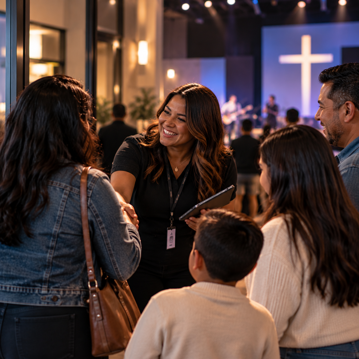 Casa DC church greeter warmly welcoming a family, representing honor, belonging, service, and community in Beginner Class 3, “Honor in the Body,” from The Living Room discipleship program.