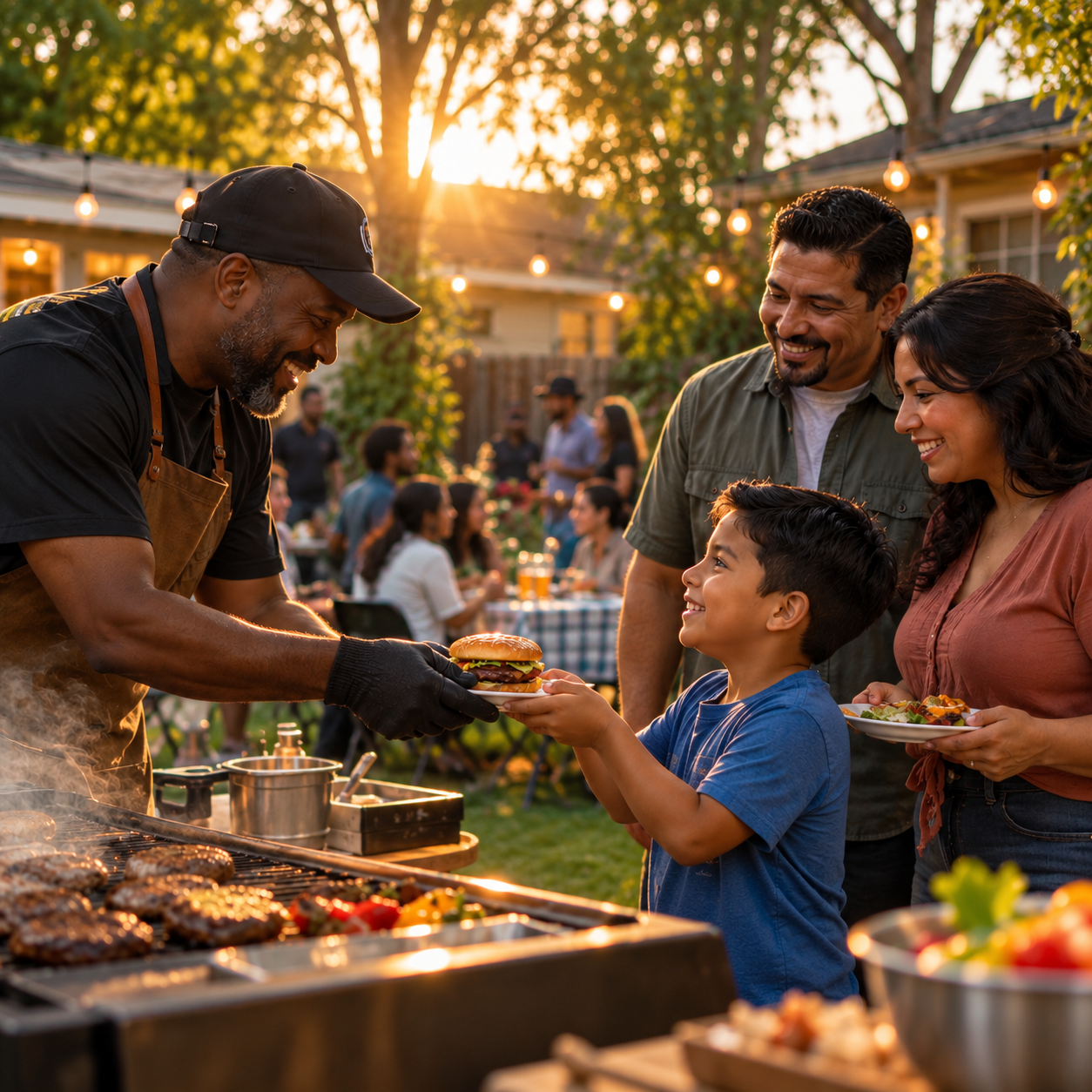 African American man serving a hamburger to a Hispanic child and family at a neighborhood backyard gathering, representing community, service, and Kingdom honor in Casa DC’s Honor and Reward discipleship program.
