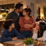 Hispanic family sharing a loving moment at home, representing honor between spouses, parents, and children in Beginner Class 2, “Honor Begins at Home,” from Casa DC Living Room discipleship program.
